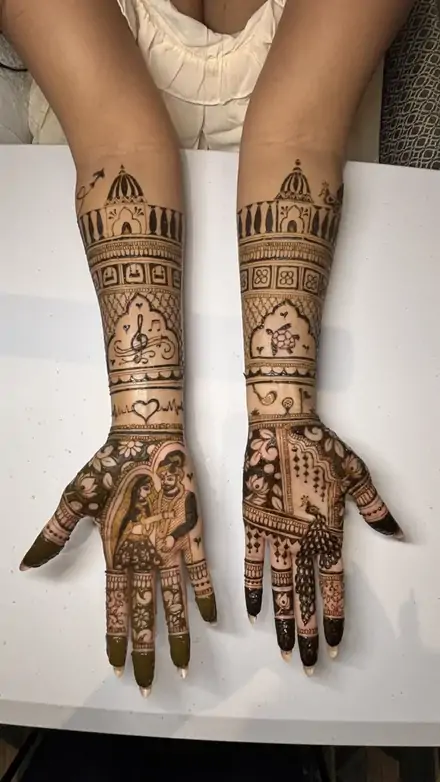 Close detail of the linework on a bride's forearms